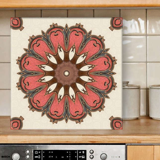 Stylish Abstract Geometric Art Ceramic Tile (Tile featuring an abstract geometric star pattern inspired by Mediterranean art in warm earth tones )