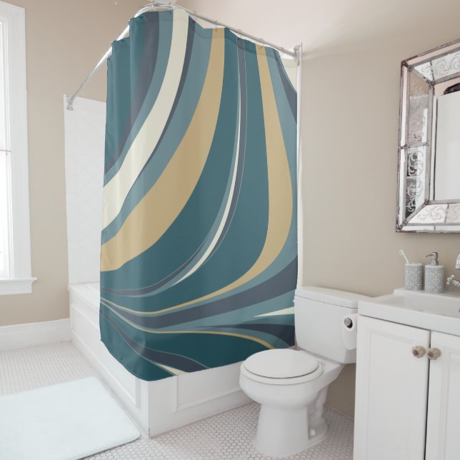Stylish Abstract Marble Swirl in Teal and Gold Shower Curtain (In Situ)