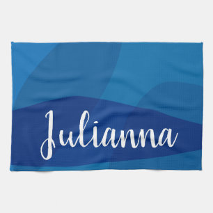 Stylish Abstract Shapes in Blue Personalised Name Tea Towel