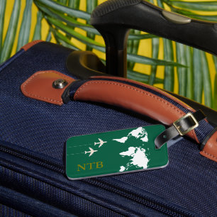 Stylish Aeroplane Traveller Monogrammed hunter-gre Luggage Tag