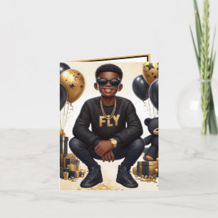 Stylish African American Boy Black/Gold Birthday Card