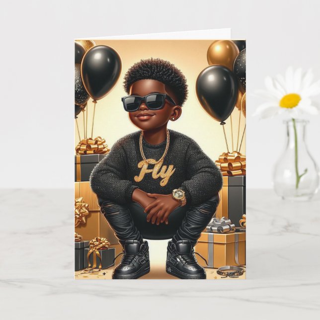 Stylish African American Boy Black/Gold Birthday Card (Small Plant)
