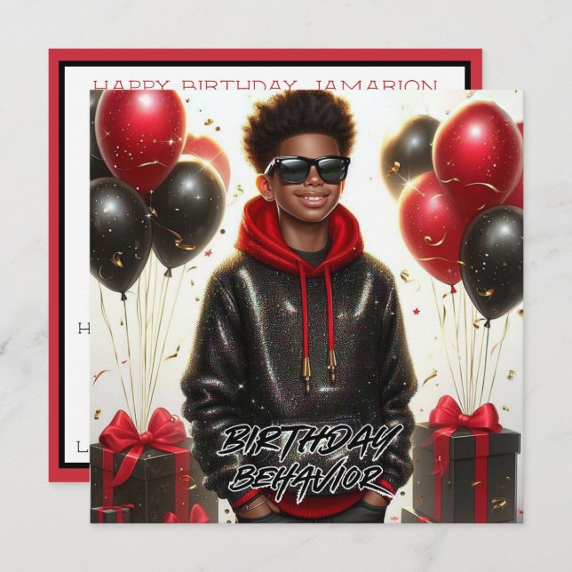 Stylish African American Boy Black/Red Birthday Card (Front/Back)