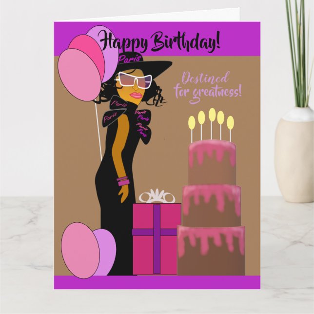 Stylish African American Daughter & Cake Birthday Card (Front)