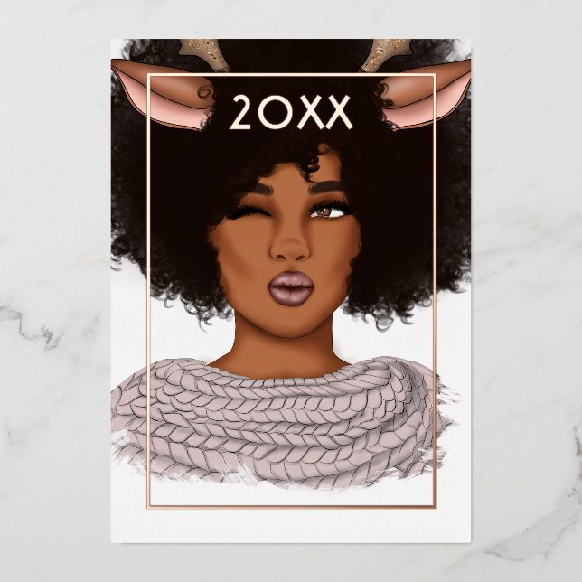 Stylish African American Reindeer Christmas Foil Holiday Card (Front)