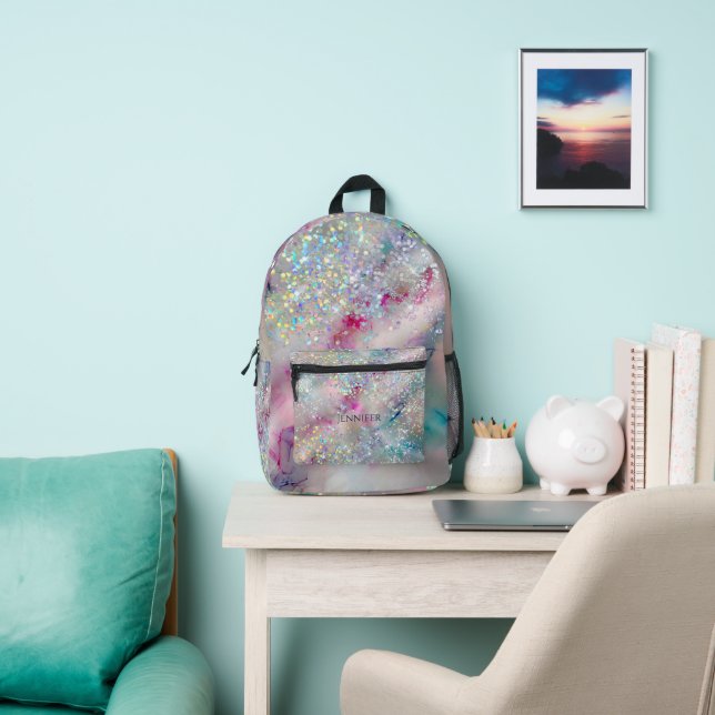 Stylish Alcohol Ink Holographic Glitter Girly Printed Backpack (Insitu)