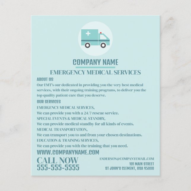 Stylish Ambulance Design, EMT, Paramedic Advert Flyer (Front)