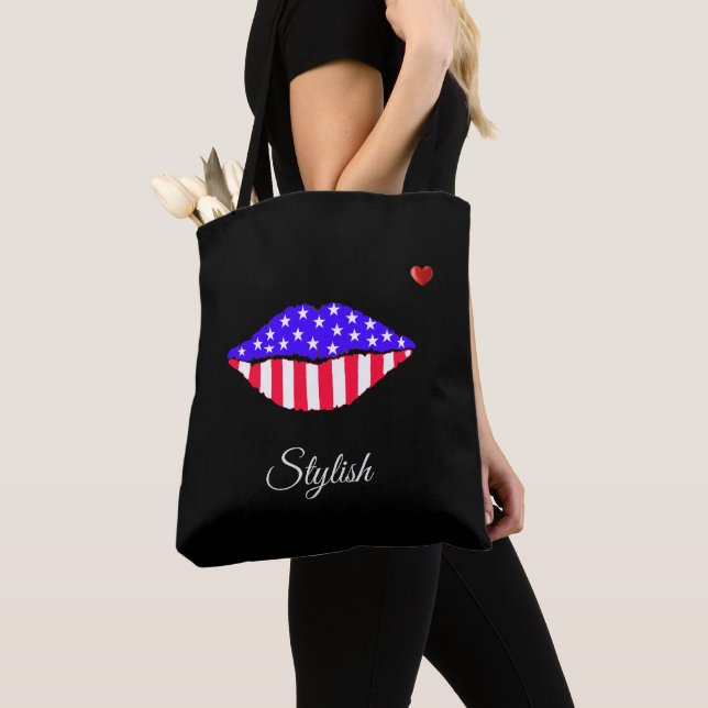 Stylish American flag lips & calligraphy on black Tote Bag (Close Up)