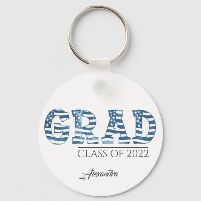 Stylish American USA Flag Custom Text Graduation Key Ring (Front)