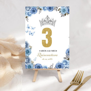Stylish and chic dusty blue and  gold quinceanera  table number