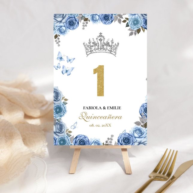 Stylish and chic dusty blue and  gold quinceanera  table number (Creator Uploaded)