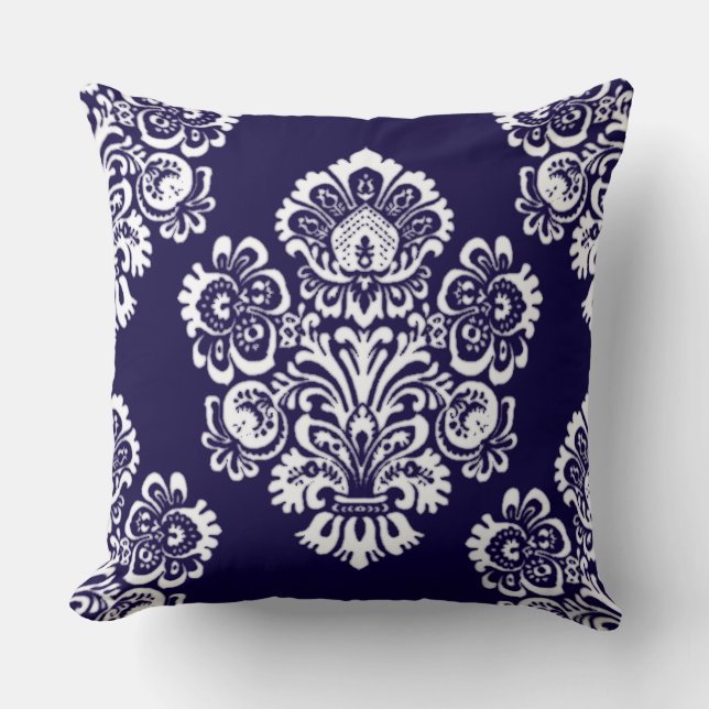 Stylish and Luxurious Damask Pattern on Deep Blue Cushion (Front)