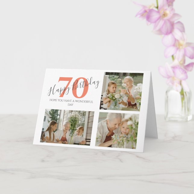 stylish Any Age Birthday 3 Photo Collage Card (Orchid)