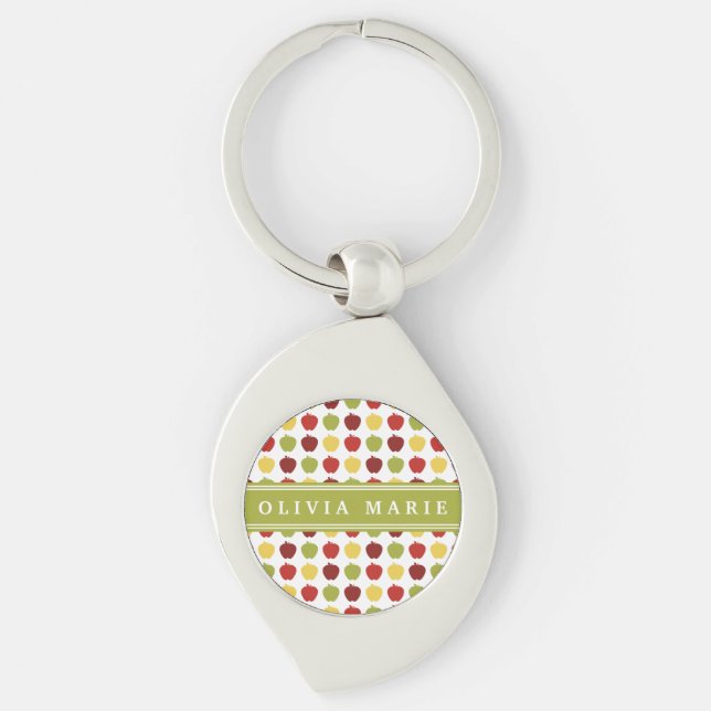 Stylish Apple Pattern with Personalised Name Key Ring (Front)