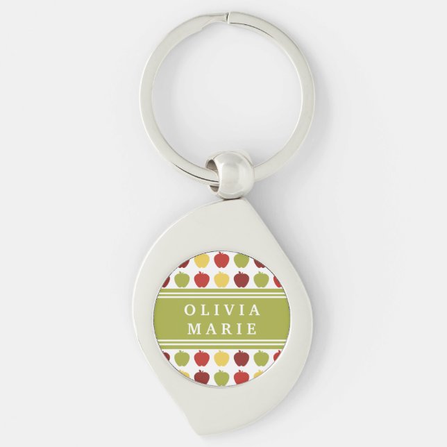 Stylish Apple Pattern with Personalised Name Key Ring (Front)