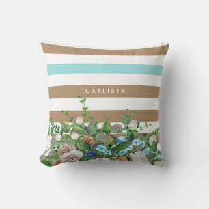 Stylish Aqua and Tan Floral and Stripes With Name Cushion