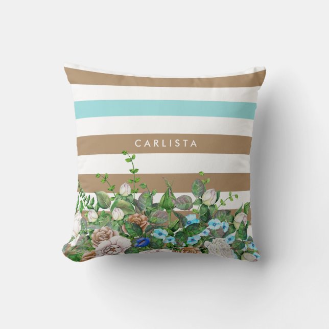Stylish Aqua and Tan Floral and Stripes With Name Cushion (Front)
