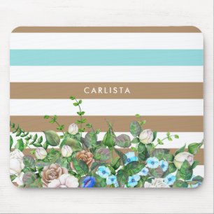 Stylish Aqua and Tan Floral and Stripes With Name Mouse Pad