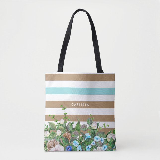 Stylish Aqua and Tan Floral and Stripes With Name Tote Bag (Front)