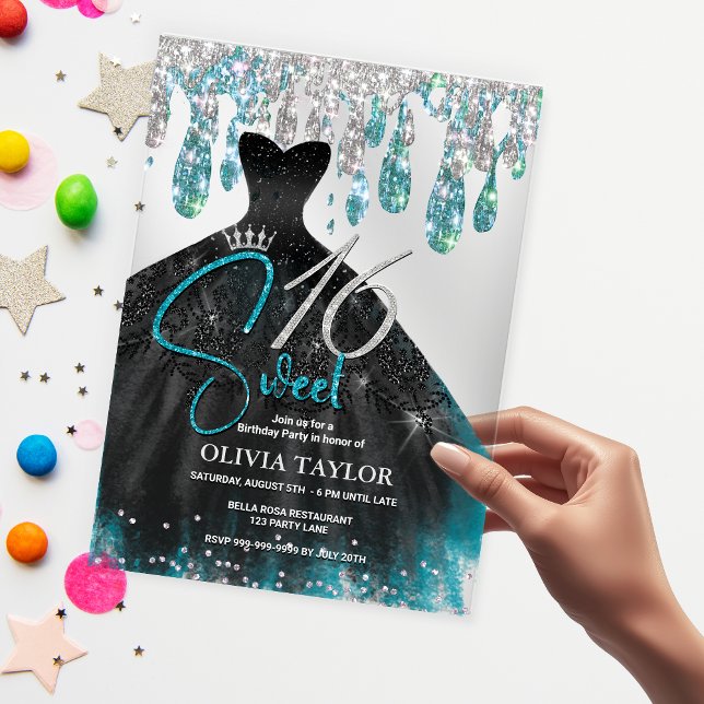 Stylish aqua blue black dress sweet 16 monogram  acrylic invitations (Creator Uploaded)