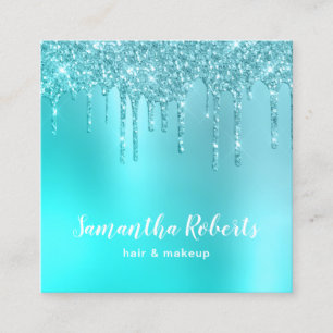 Stylish aqua blue mint glitter drips hair & makeup square business card