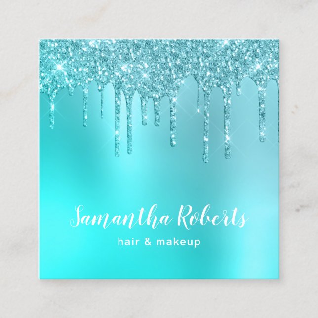 Stylish aqua blue mint glitter drips hair & makeup square business card (Front)