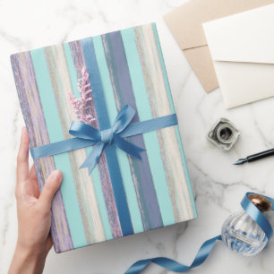 Stylish Aqua Blue Purple Beach Hut Stripe Pattern Wrapping Paper