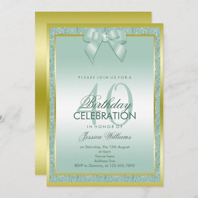 Stylish Aqua Bow & Sparkly Glitter 40th Birthday Invitation (Front/Back)