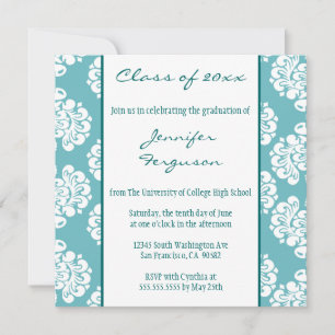 Stylish aqua damask graduation party announcement