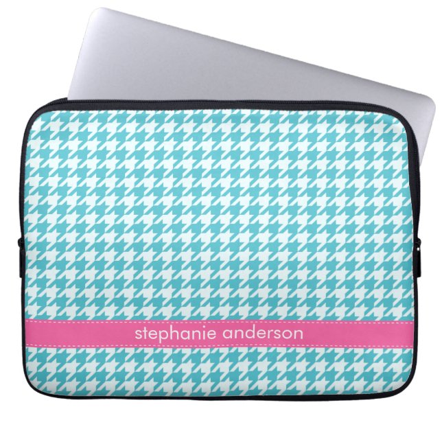 Stylish Aqua Houndstooth Pattern Laptop Sleeve (Front)