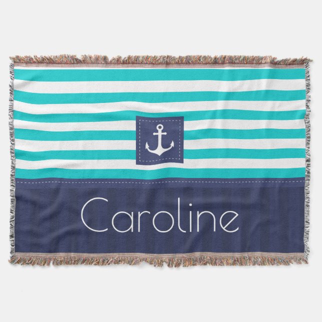Stylish Aqua Navy Stripes Nautical Anchor Custom Throw Blanket (Front)