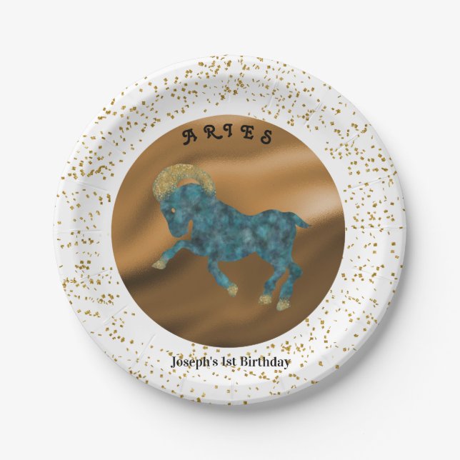 Stylish Aries 1st Birthday & Gold Confetti Paper Plate (Front)