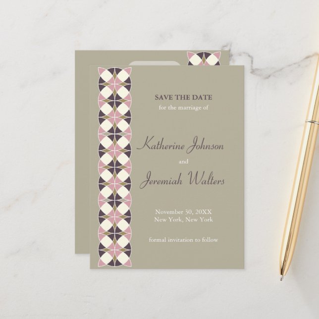 Stylish Art Deco Geometric Pattern Save The Date Announcement Postcard (Front/Back In Situ)