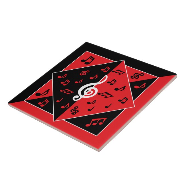 Stylish Art Deco Music Notes Red Black White Ceramic Tile (Side)