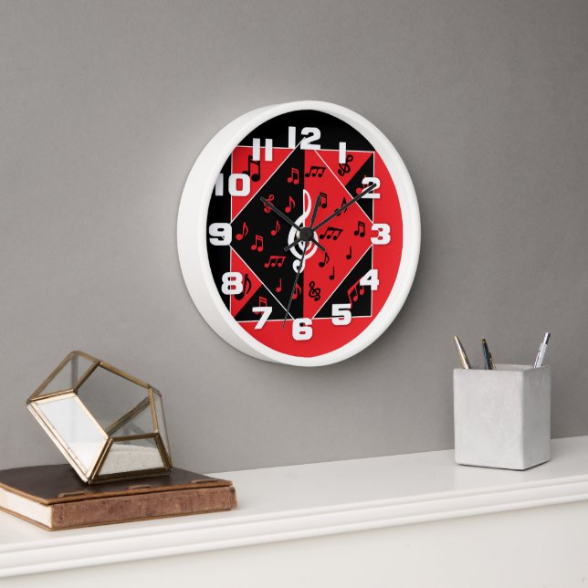 Stylish Art Deco Music Notes Red Black White Clock (Office)
