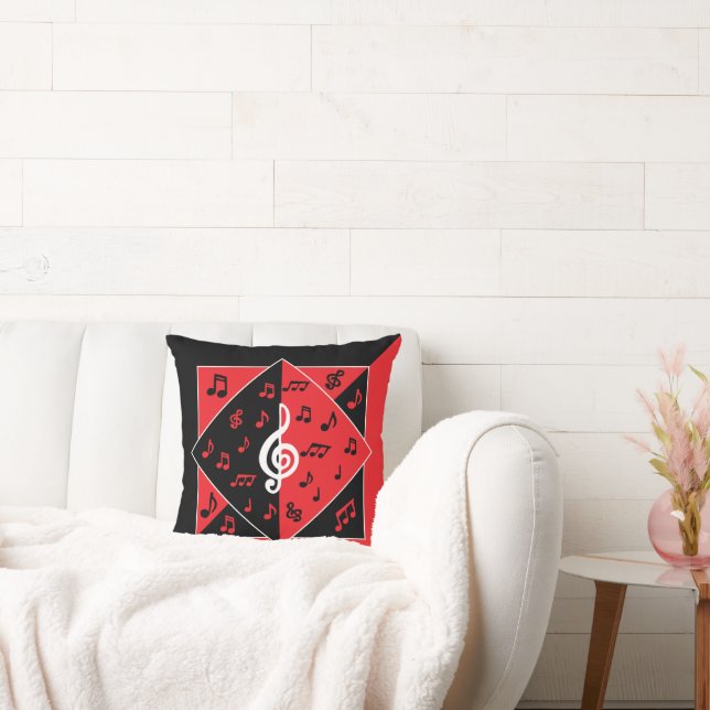 Stylish Art Deco Music Notes Red Black White Cushion (Couch)