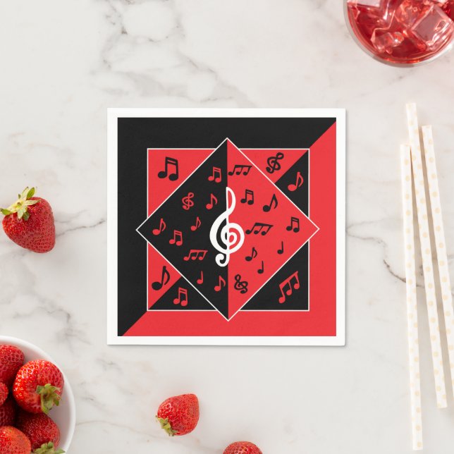 Stylish Art Deco Music Notes Red Black White Napkin (Insitu)