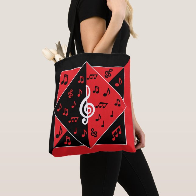 Stylish Art Deco Music Notes Red Black White Tote Bag (Close Up)