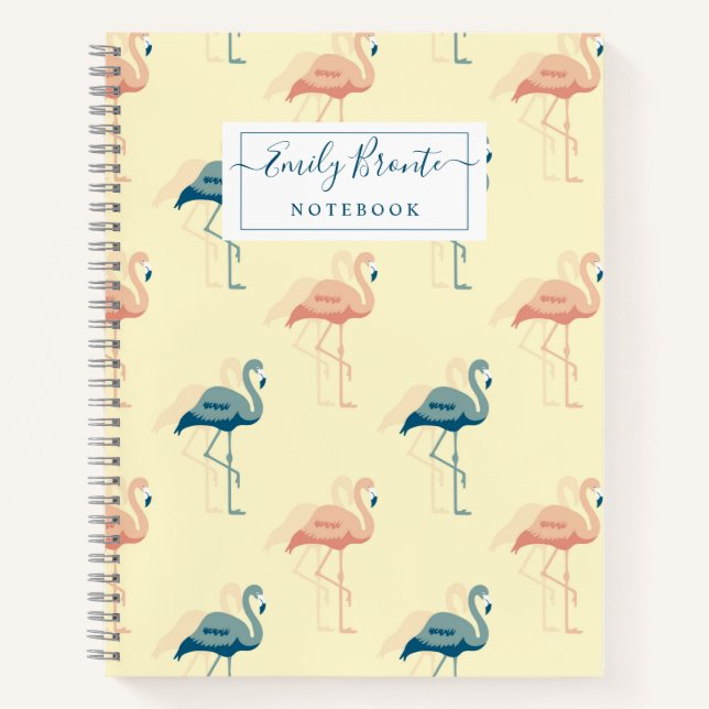 Stylish Art Deco peach & Blue Flamingo pattern  Notebook (Front)