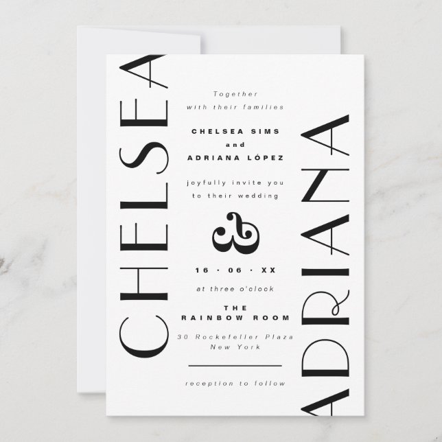 Stylish Art Deco Typography Black White Wedding Invitation (Front)