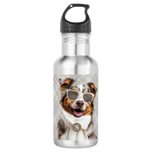 Stylish Australian Shepherd Dog and Plaid Monogram 532 Ml Water Bottle