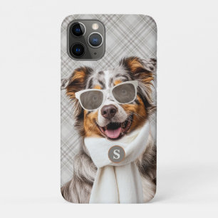 Stylish Australian Shepherd Dog and Plaid Monogram iPhone 11 Pro Case