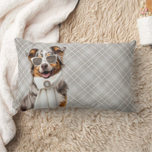 Stylish Australian Shepherd Dog and Plaid Monogram Lumbar Cushion