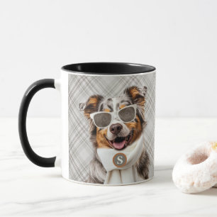 Stylish Australian Shepherd Dog and Plaid Monogram Mug