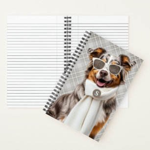 Stylish Australian Shepherd Dog and Plaid Monogram Notebook