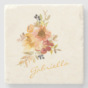 Stylish Autumn Fall Watercolor Floral Personalised Stone Coaster