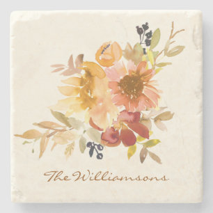 Stylish Autumn Fall Watercolor Floral Personalised Stone Coaster