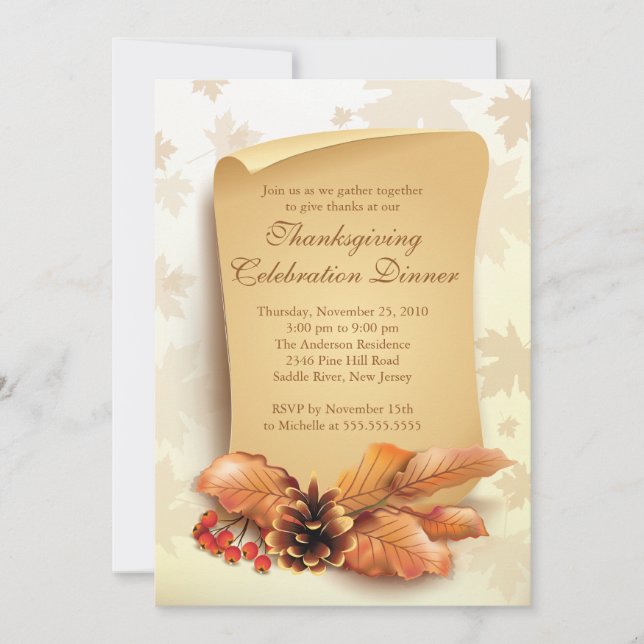 Stylish Autumn Leaves  Thanksgiving Invitation (Front)
