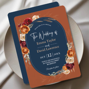 Stylish autumn orange navy floral wedding invitation