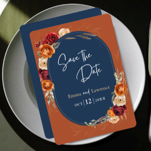Stylish autumn orange navy floral wedding  save the date